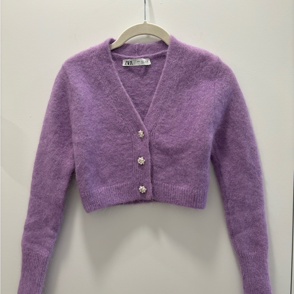 Zara Purple Cropped Cardigan with V-neck and Long Sleeves